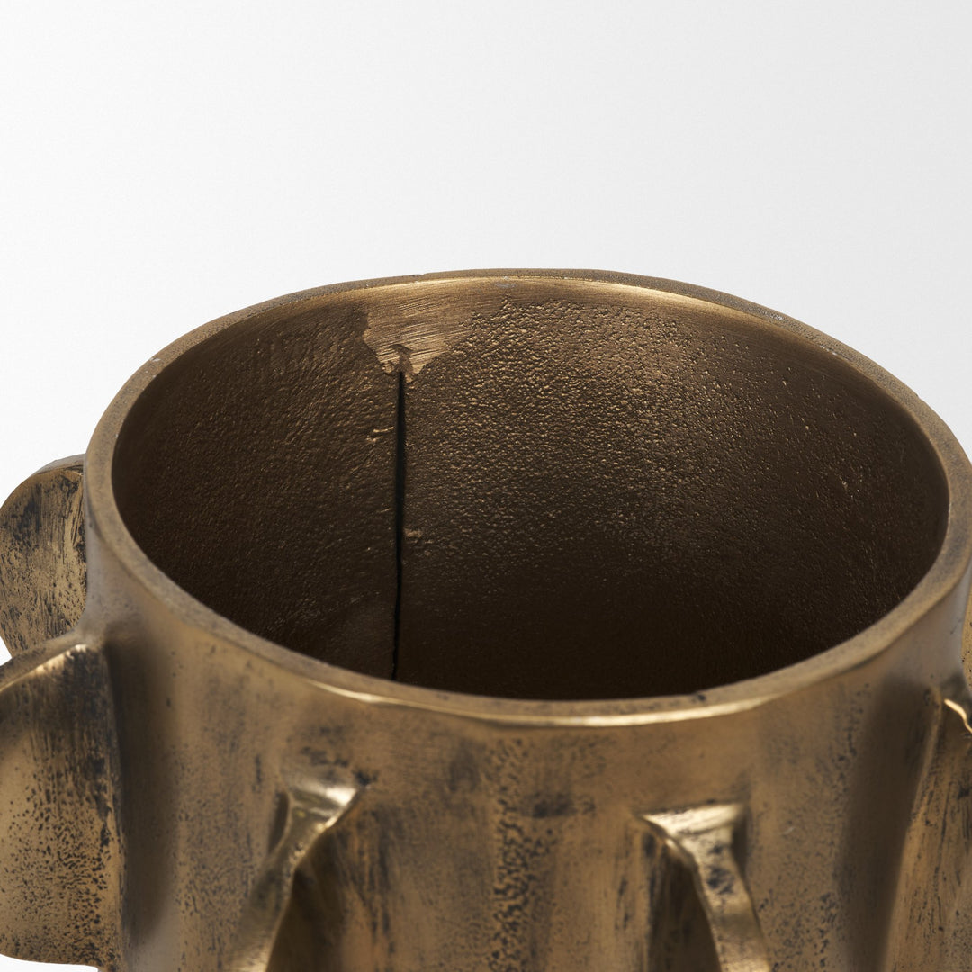 Deacon Small Antiqued Gold Metal Canister with Sculptural Handles Decor Mercana