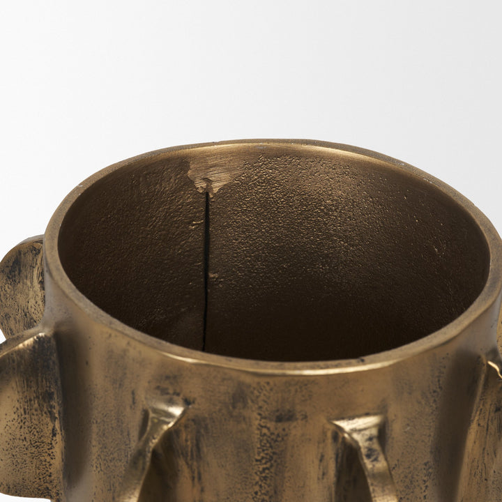 Deacon Small Antiqued Gold Metal Canister with Sculptural Handles Decor Mercana