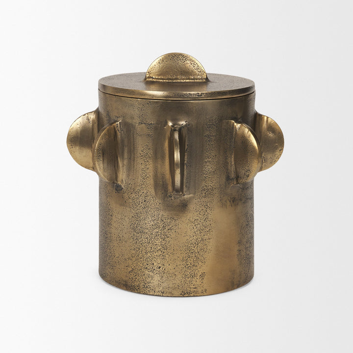 Deacon Large Antiqued Gold Metal Canister with Sculptural Handles Decor Mercana