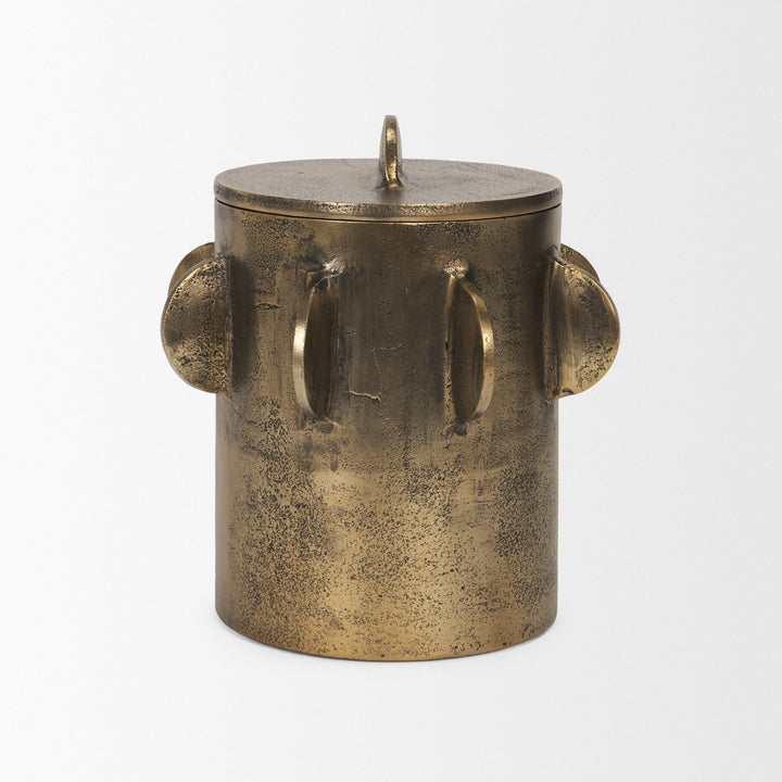 Deacon Large Antiqued Gold Metal Canister with Sculptural Handles Decor Mercana