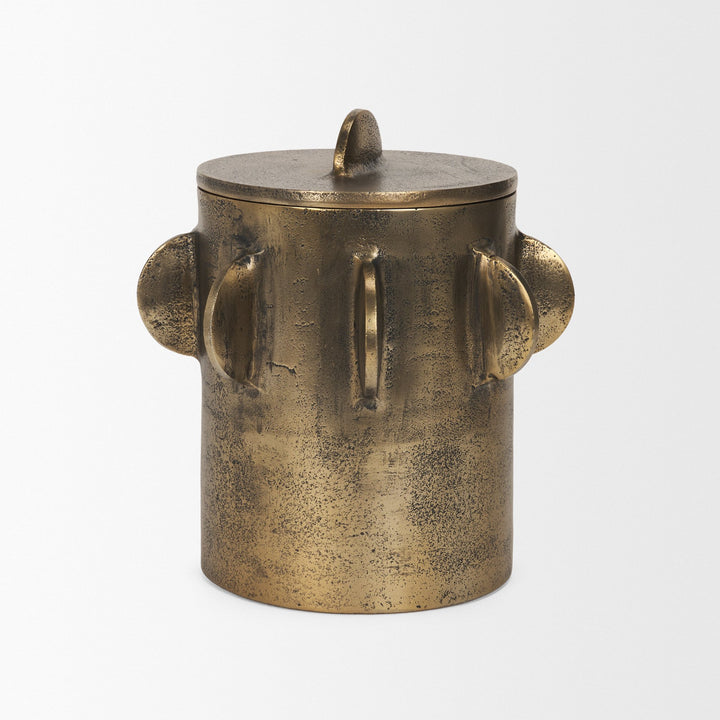 Deacon Large Antiqued Gold Metal Canister with Sculptural Handles Decor Mercana