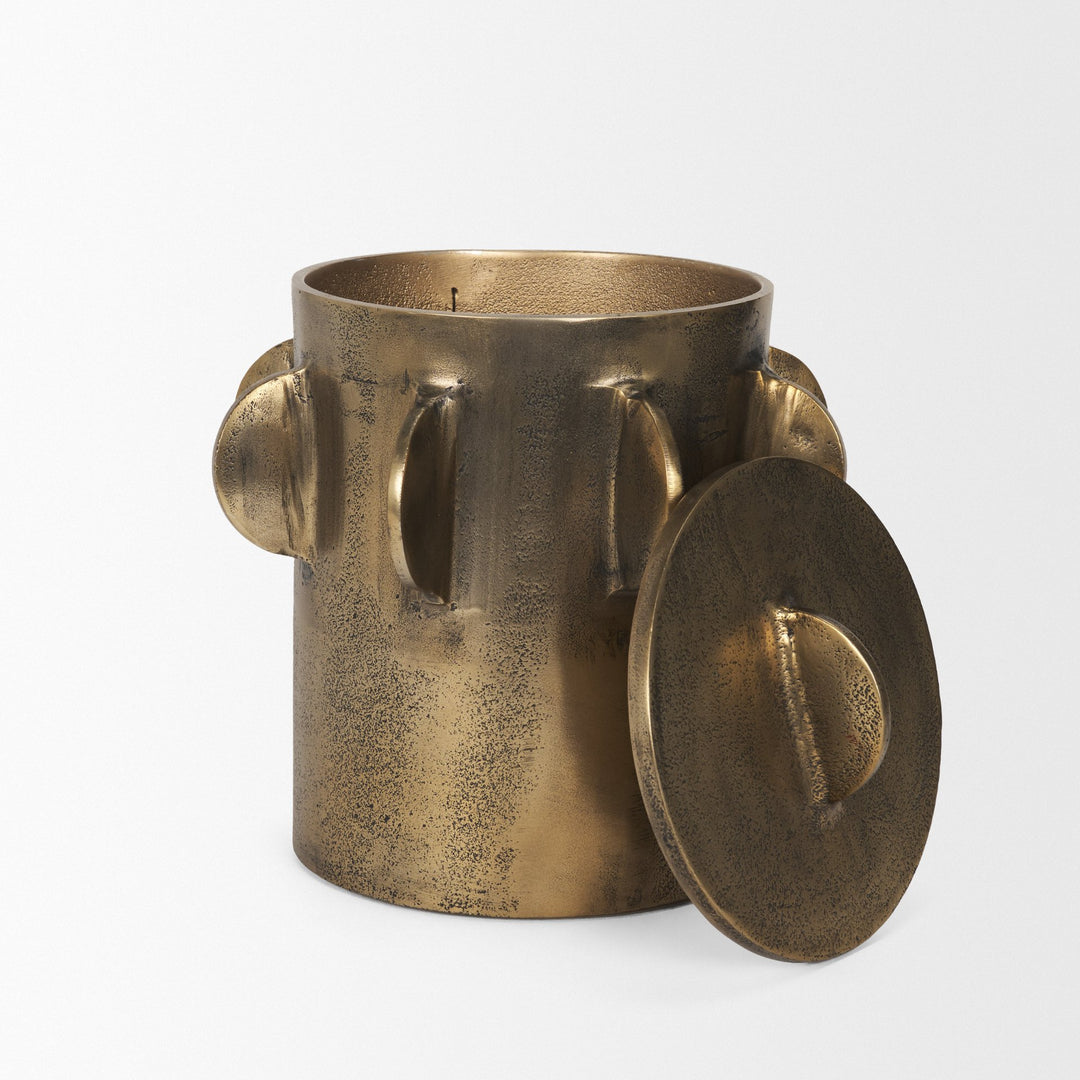 Deacon Large Antiqued Gold Metal Canister with Sculptural Handles Decor Mercana