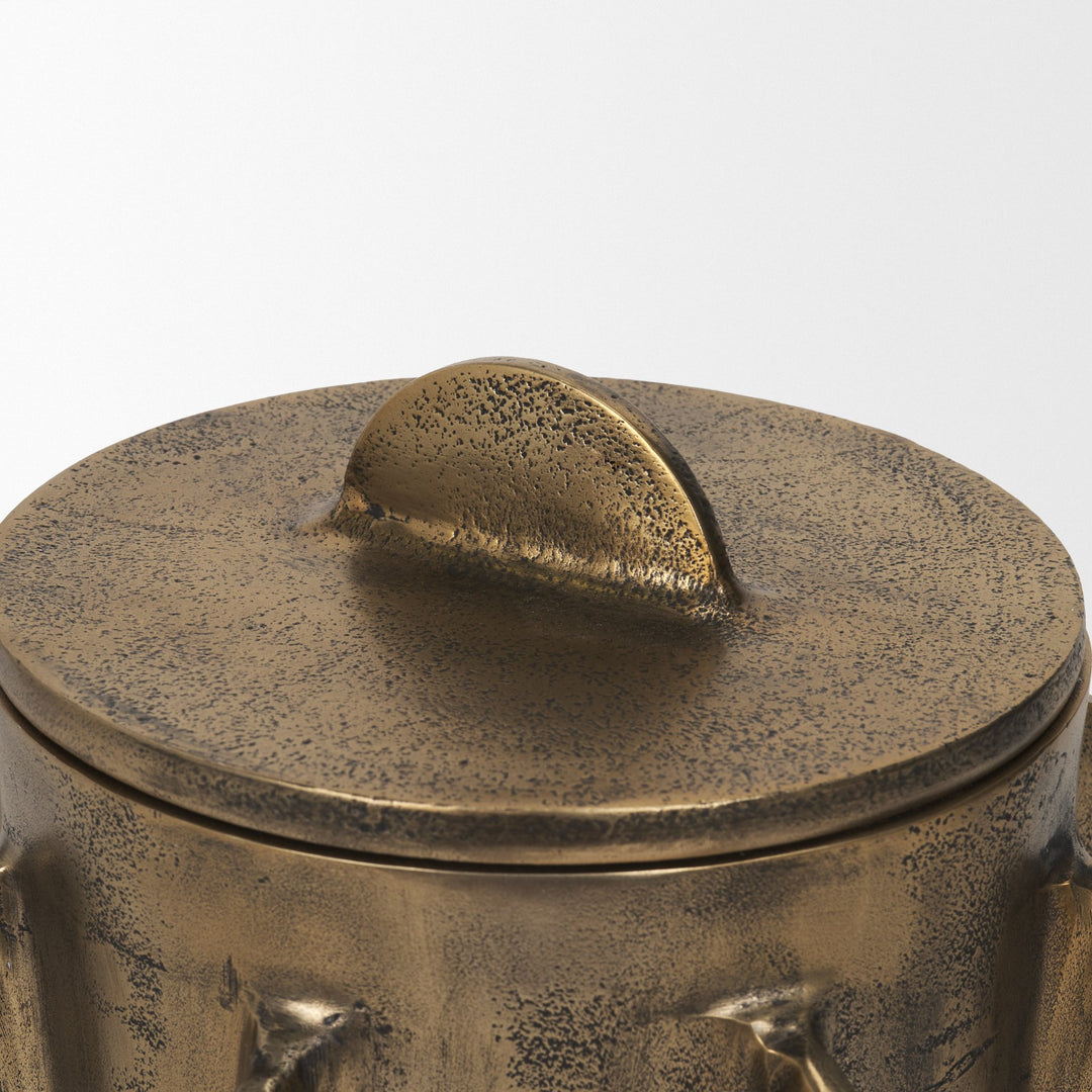Deacon Large Antiqued Gold Metal Canister with Sculptural Handles Decor Mercana