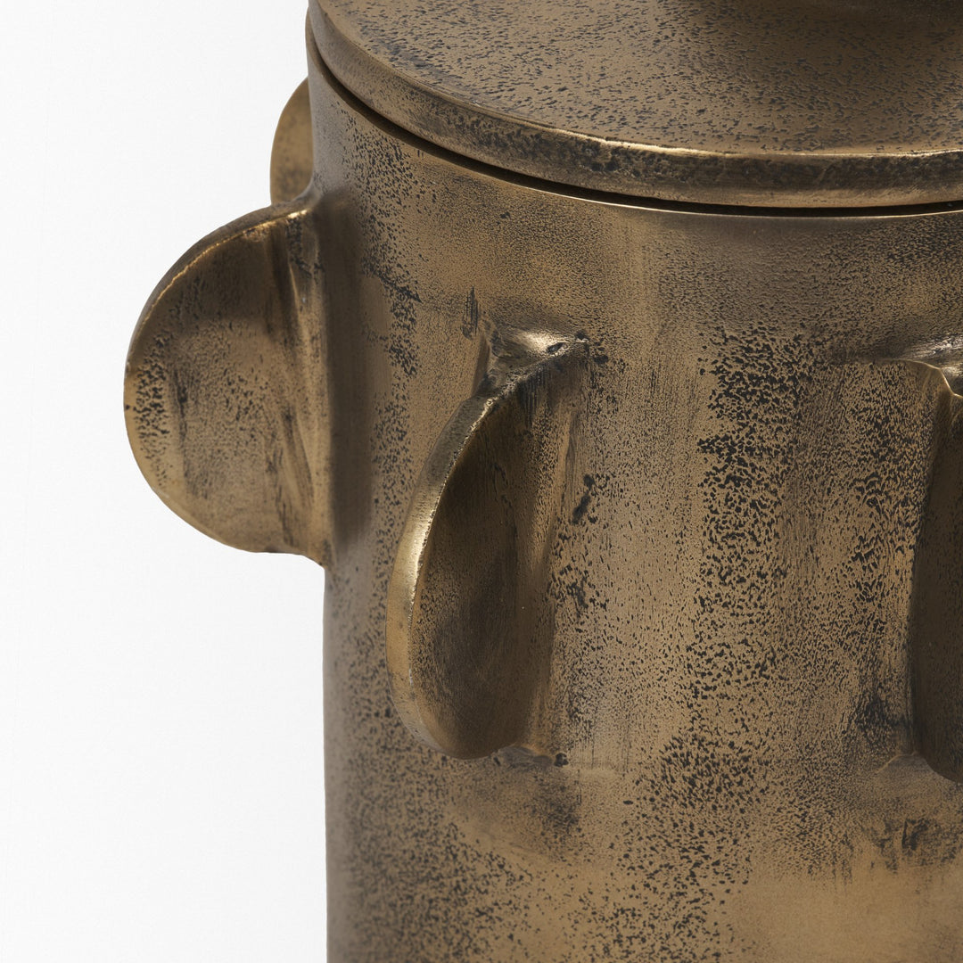 Deacon Large Antiqued Gold Metal Canister with Sculptural Handles Decor Mercana