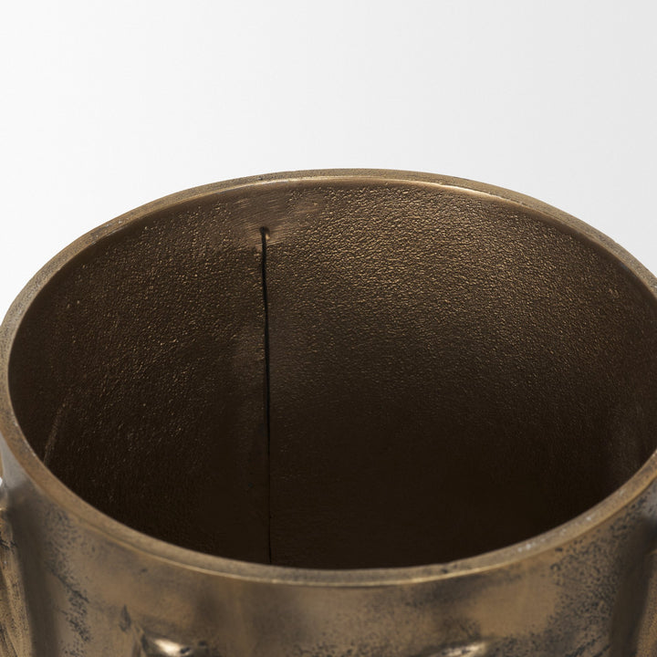 Deacon Large Antiqued Gold Metal Canister with Sculptural Handles Decor Mercana