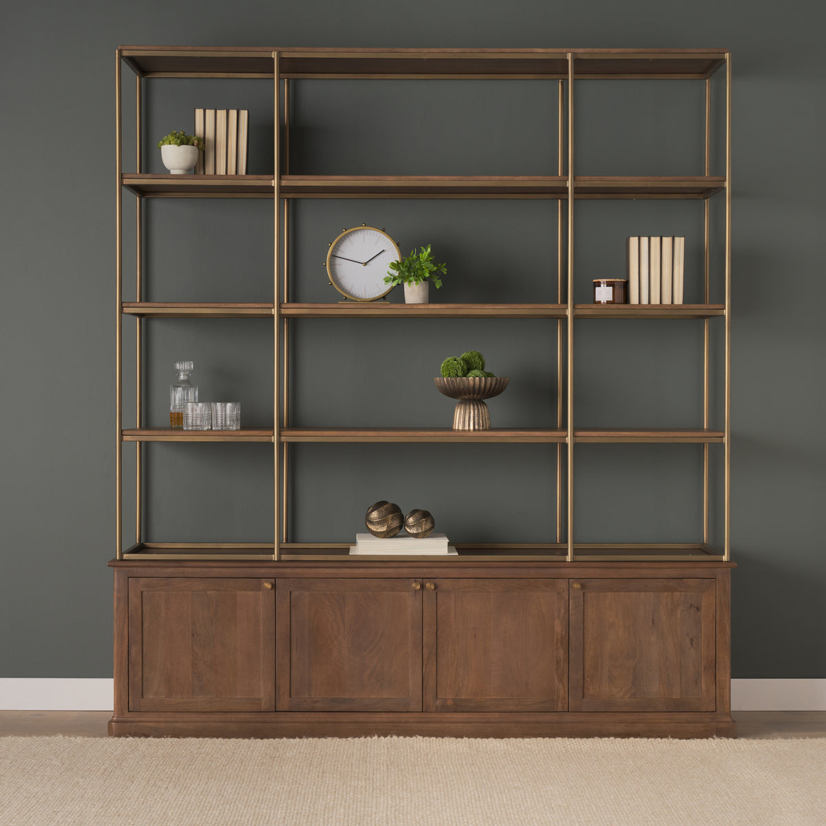 Baron 4-Door Dark Brown Wood w/ Antique Brass Metal Open Shelving Unit Living Room Mercana #4-door #dark brown