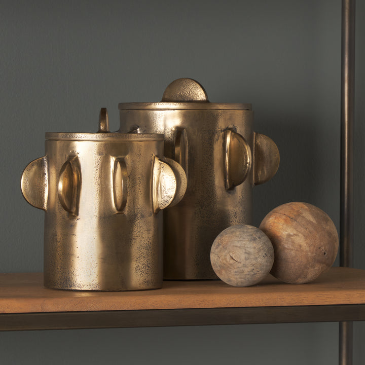 Deacon Large Antiqued Gold Metal Canister with Sculptural Handles Decor Mercana
