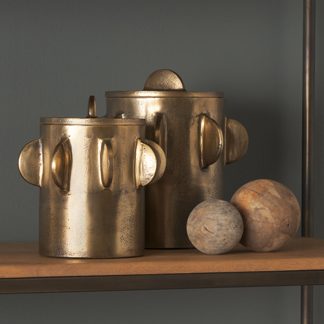 Deacon Small Antiqued Gold Metal Canister with Sculptural Handles Decor Mercana