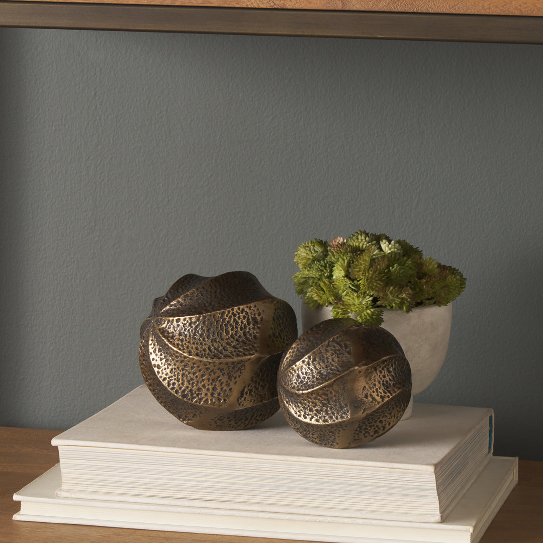 Imani Small Sculptural Textured Antiqued Gold Metal Decorative Orb Object Decor Mercana