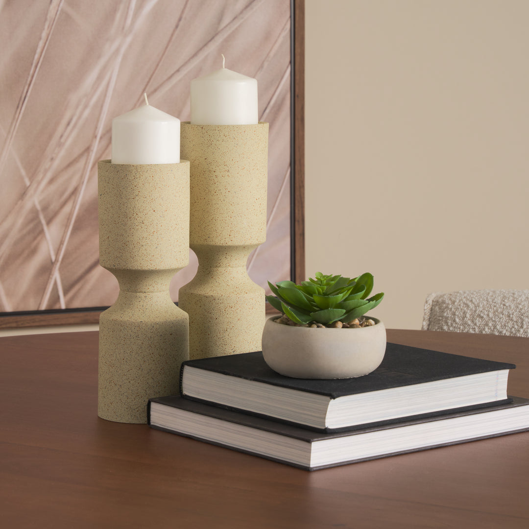 Akira Small Textured Beige Metal Pillar Candle Holder Decor Mercana