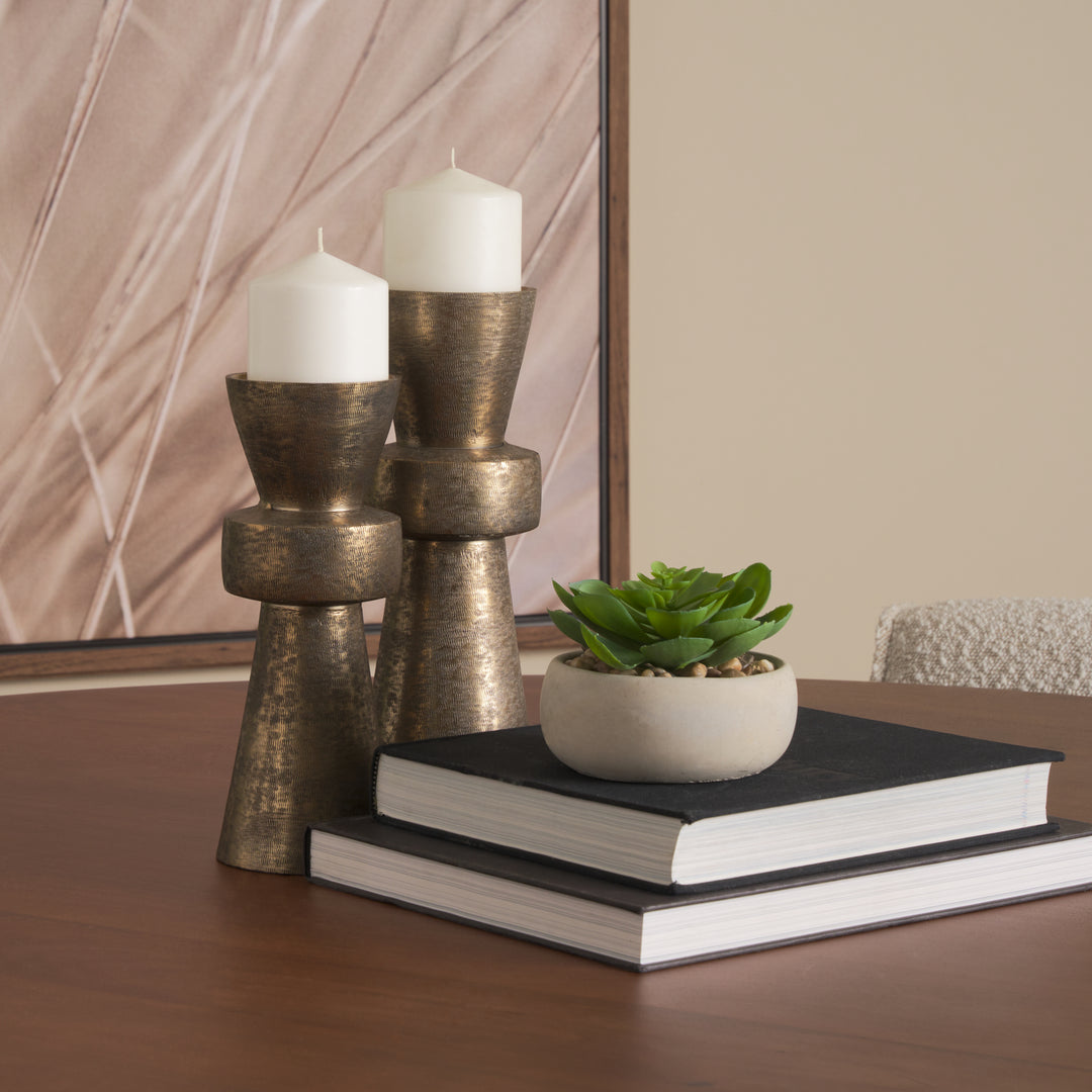 Odilia Small Textured Antiqued Gold Metal Geometric Pillar Candle Holder Decor Mercana