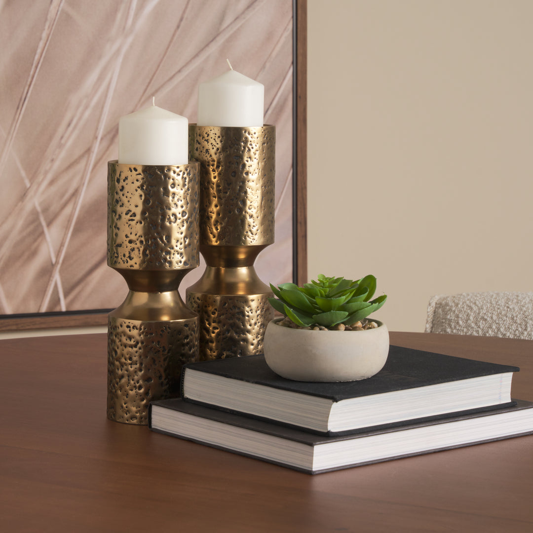 Akira Large Hammered Gold Metal Pillar Candle Holder Decor Mercana