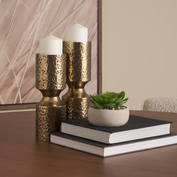 Akira Large Hammered Gold Metal Pillar Candle Holder Decor Mercana