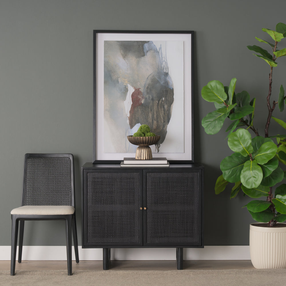 Grier Matte Black Stained Wood w/ Black Cane Accent Cabinet Decor Mercana