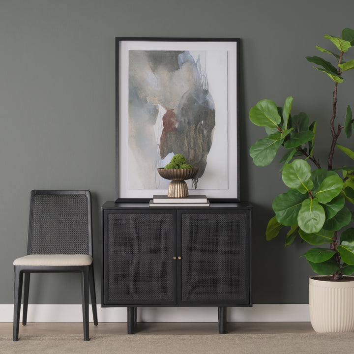 Grier Matte Black Stained Wood w/ Black Cane Accent Cabinet Decor Mercana