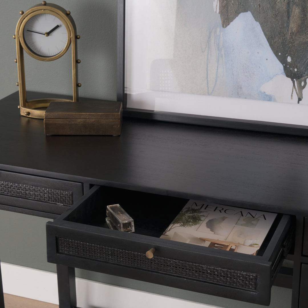 Grier 60" Black Solid Wood W/ Black Cane Office Desk Home Office Mercana