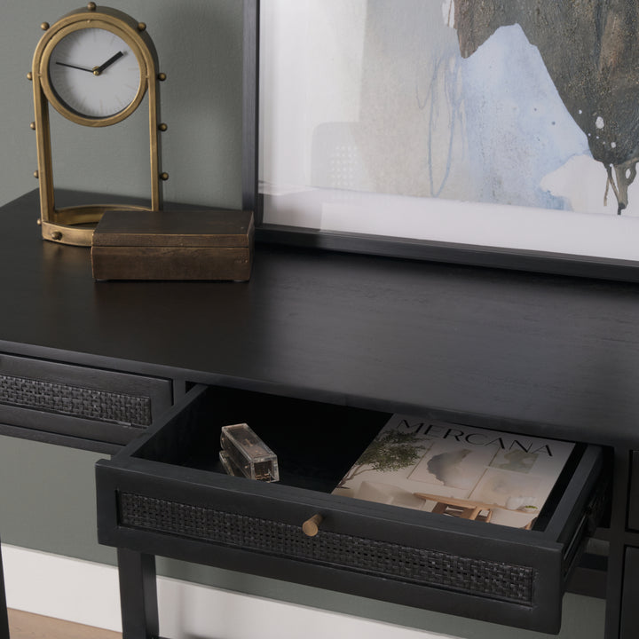 Grier 60" Black Solid Wood W/ Black Cane Office Desk Home Office Mercana