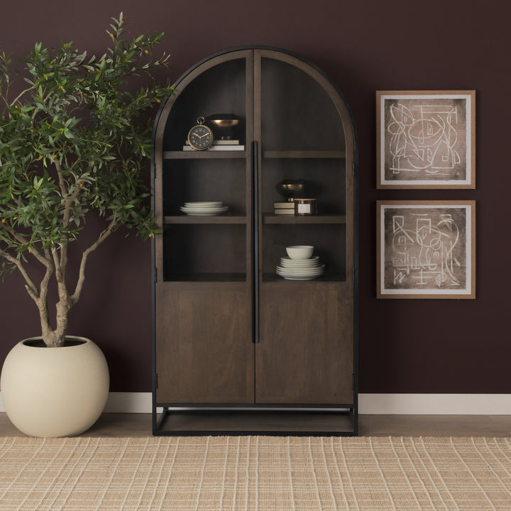 Sloan 80.5H Dark Brown Wood W/Black Metal Arched Curio Cabinet Living Room Mercana