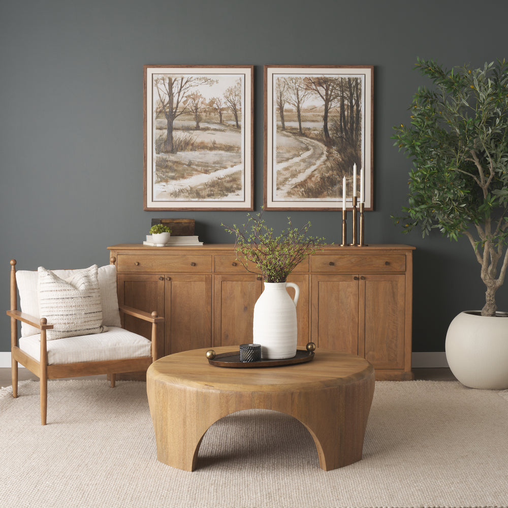 Baron Light Brown Solid Wood w/ Antiqued Brass Knobs 3-Drawer 6-Door Sideboard Dining Room Mercana