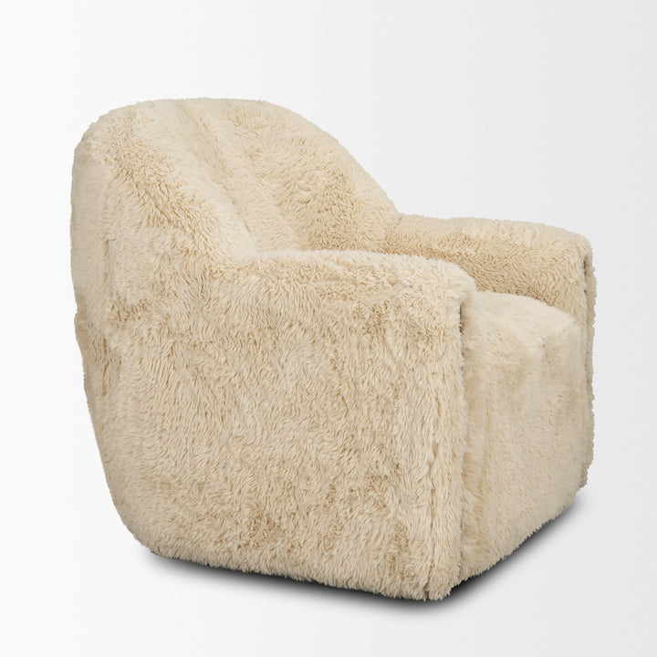 Huntley Cream Faux Fur Fabric Swivel Accent Chair Living Room Mercana