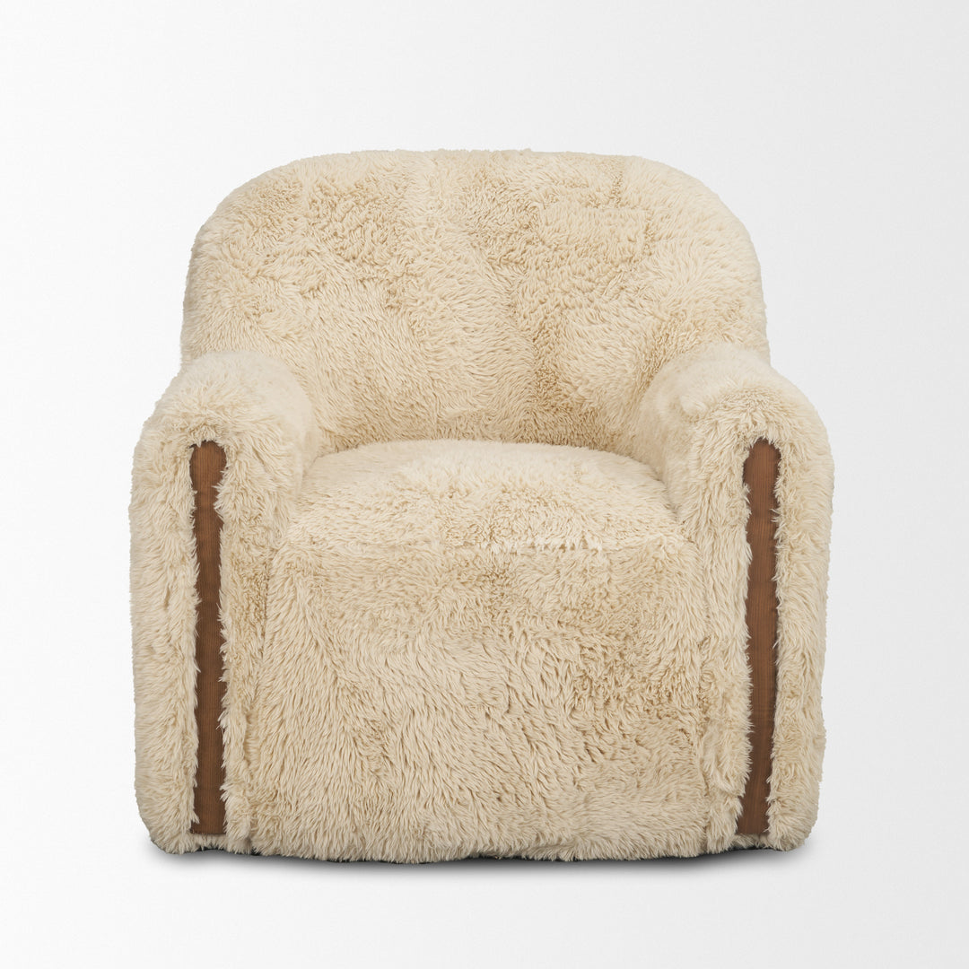 Huntley Cream Faux Fur Fabric Swivel Accent Chair Living Room Mercana