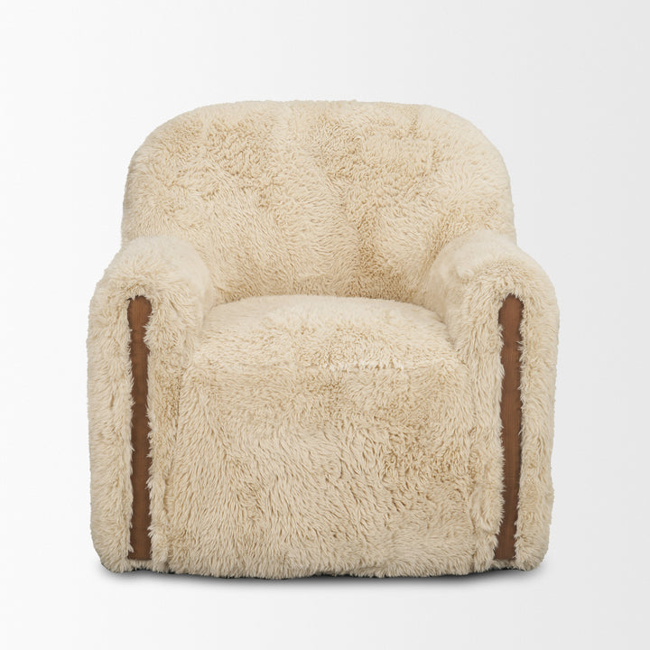 Huntley Cream Faux Fur Fabric Swivel Accent Chair Living Room Mercana