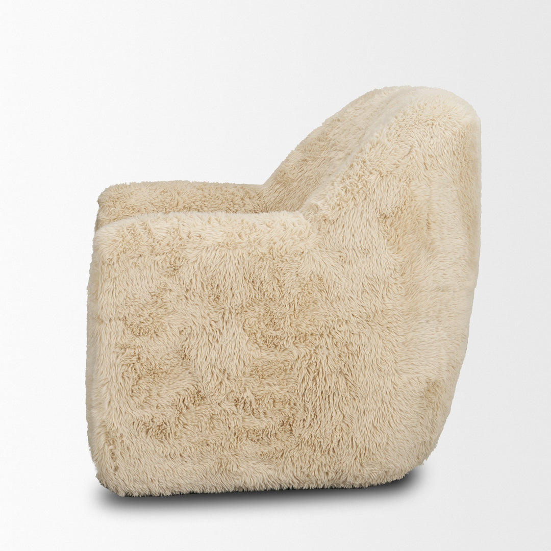 Huntley Cream Faux Fur Fabric Swivel Accent Chair Living Room Mercana