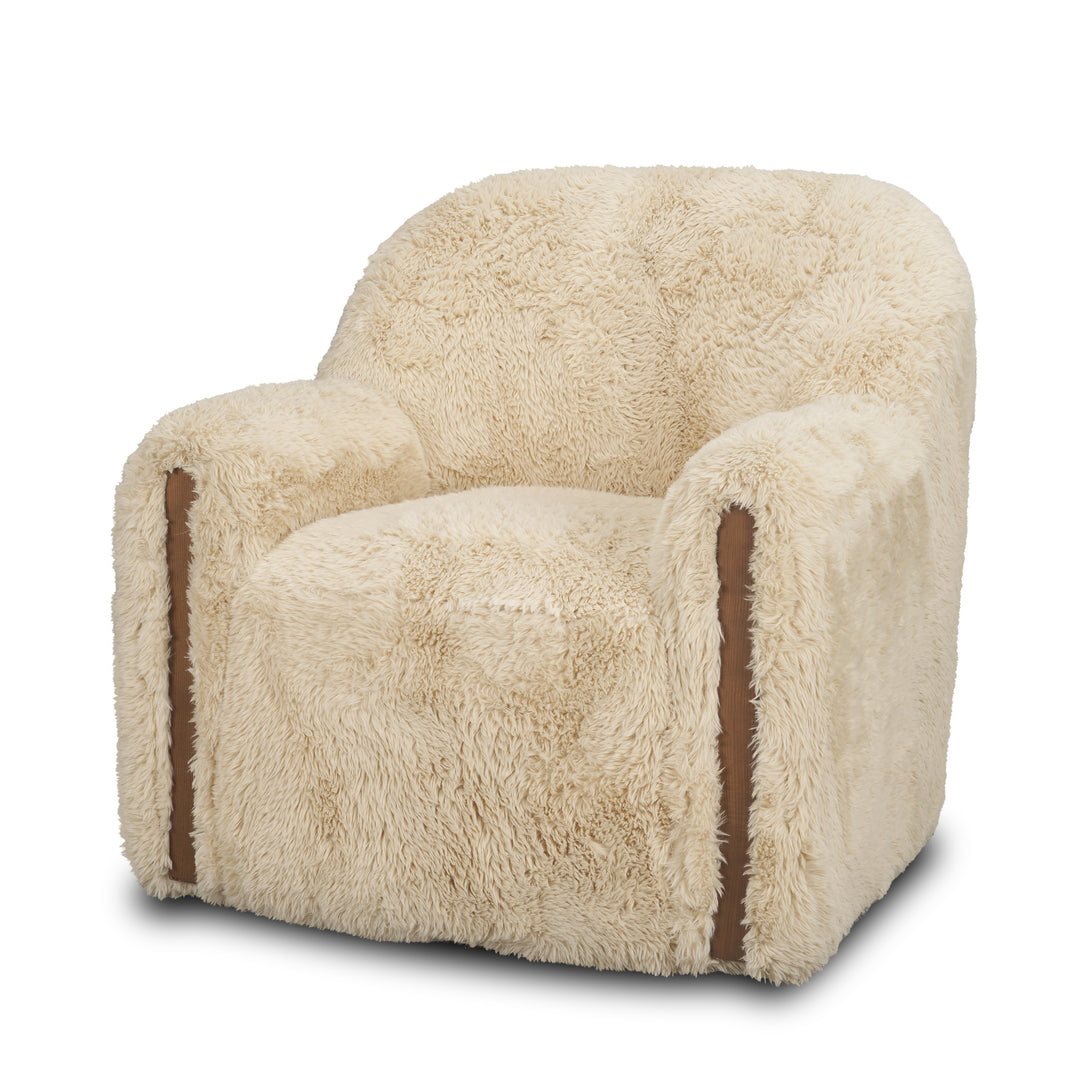 Huntley Cream Faux Fur Fabric Swivel Accent Chair Living Room Mercana
