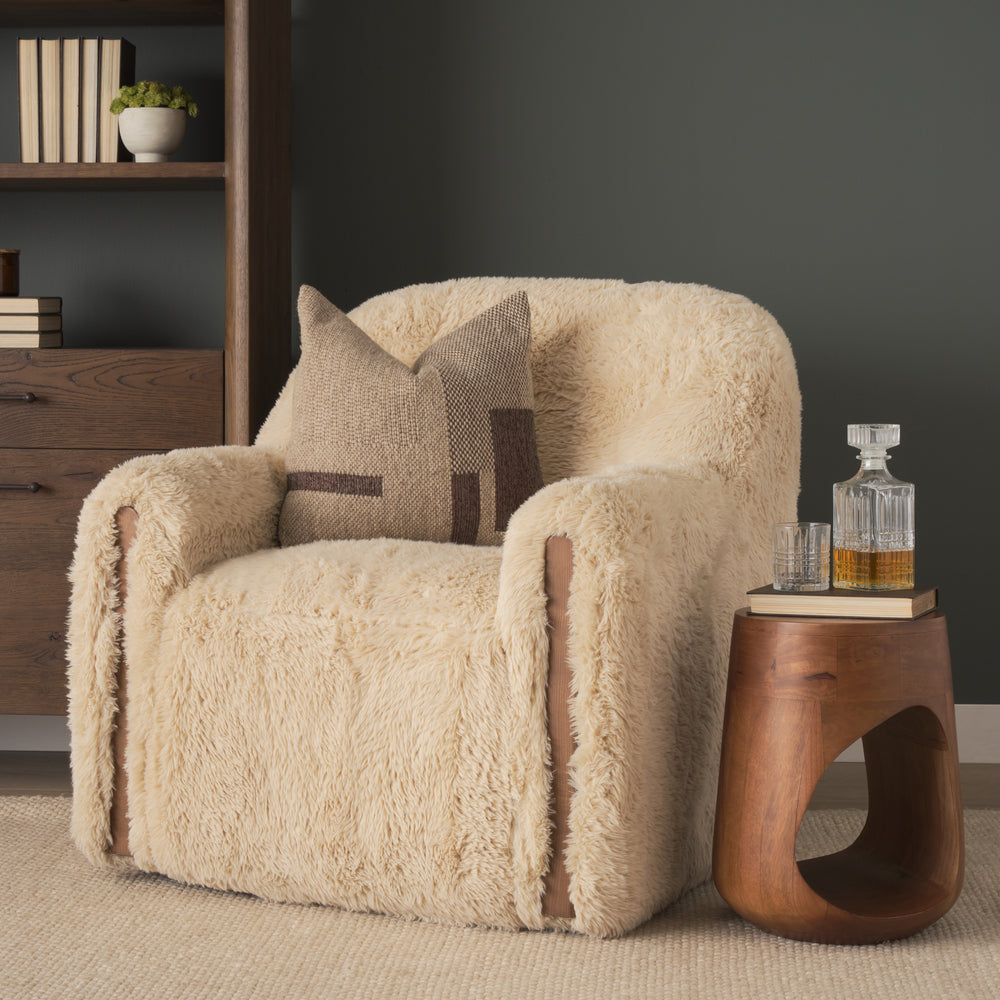 Huntley Cream Faux Fur Fabric Swivel Accent Chair Living Room Mercana