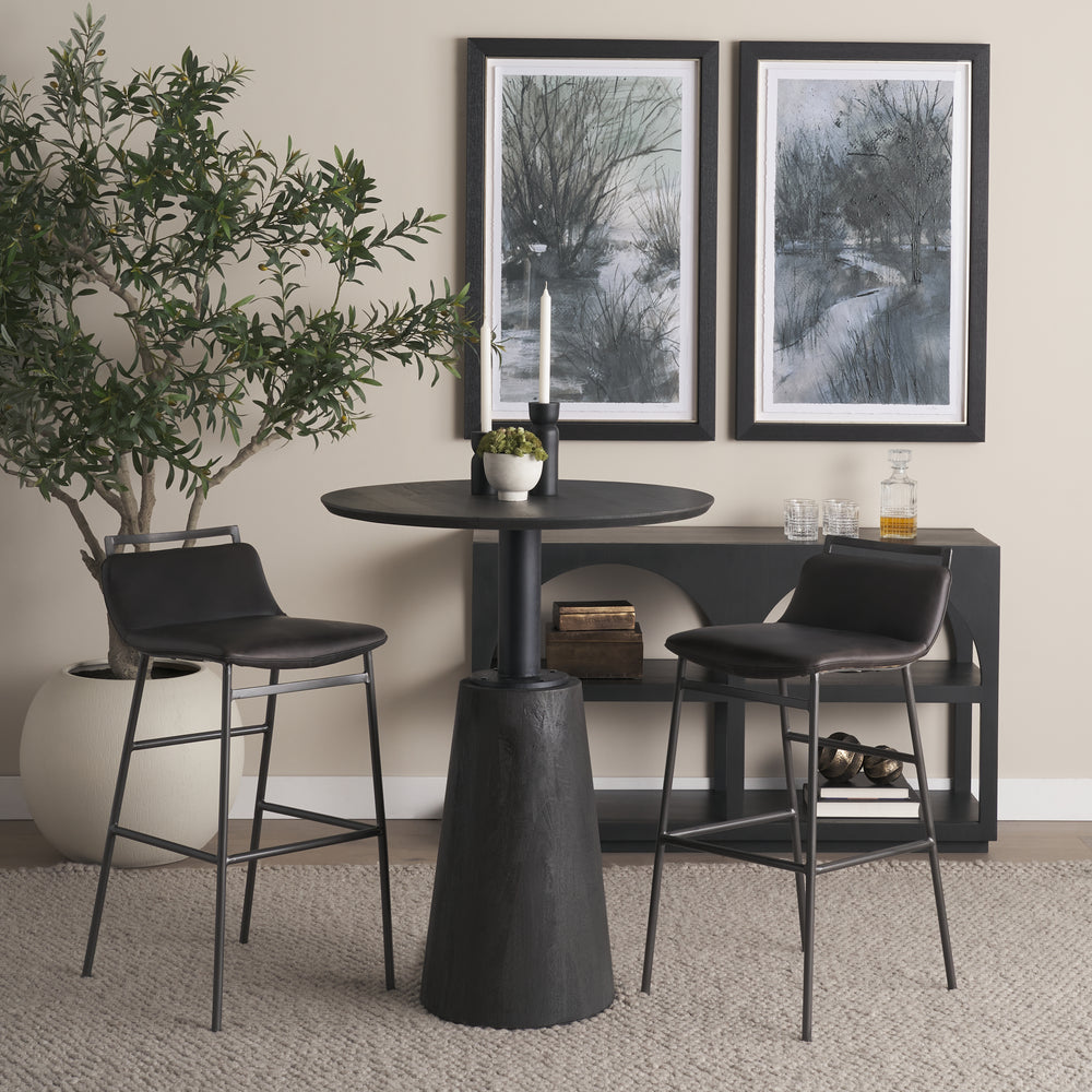 Kavalan 37.5" Total Height Ebony Leather Seat Black Metal Frame Bar Stool Dining Room Mercana