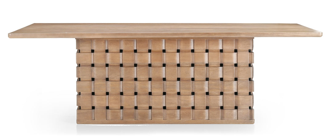 Trellyn 94" Light Brown Solid Wood Carved Woven Base Rectangular Dining Table Dining Room Mercana