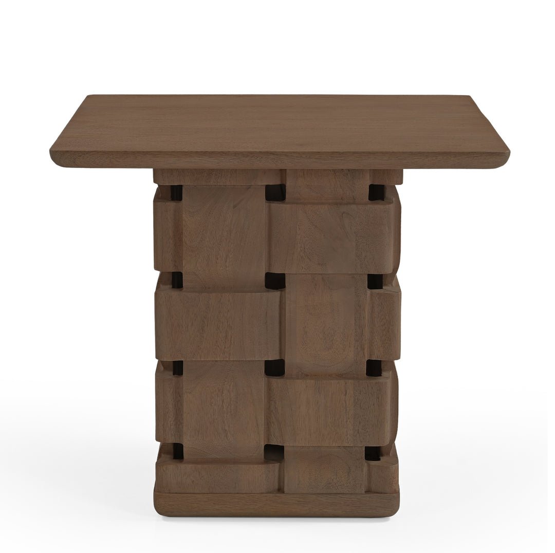Trellyn Dark Brown Wood w/ Carved Woven Base Square Accent Table Dining Room Mercana