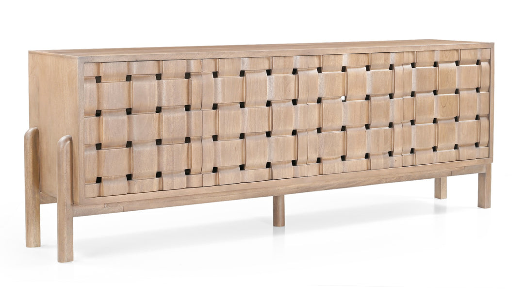 Trellyn Light Brown Solid Wood 4-Door Sideboard with Carved Woven Doors Dining Room Mercana