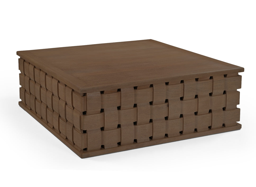 Trellyn 48" Dark Brown Wood w/ Carved Woven Base Square Coffee Table Living Room Mercana