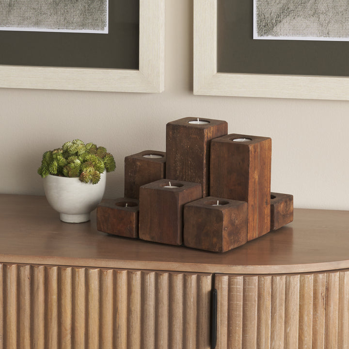 Cassius Light Brown Nine Wood Block Table Candle Holder Decor Mercana