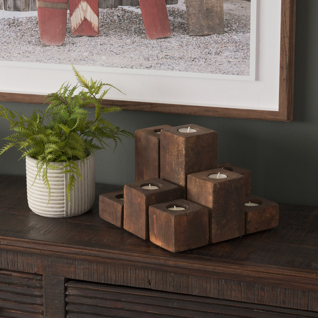 Cassius Light Brown Nine Wood Block Table Candle Holder Decor Mercana