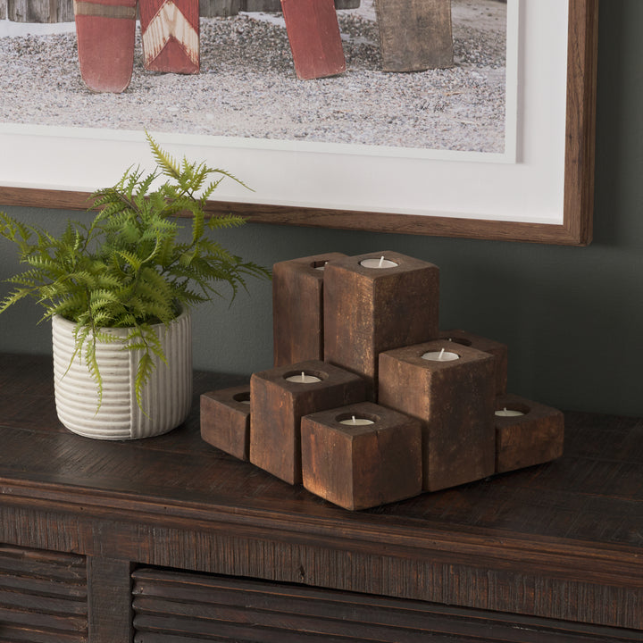 Cassius Light Brown Nine Wood Block Table Candle Holder Decor Mercana