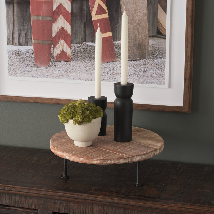 Cedric Round Light Brown Wood w/ Black Metal Legs Decorative Display Stand Decor Mercana