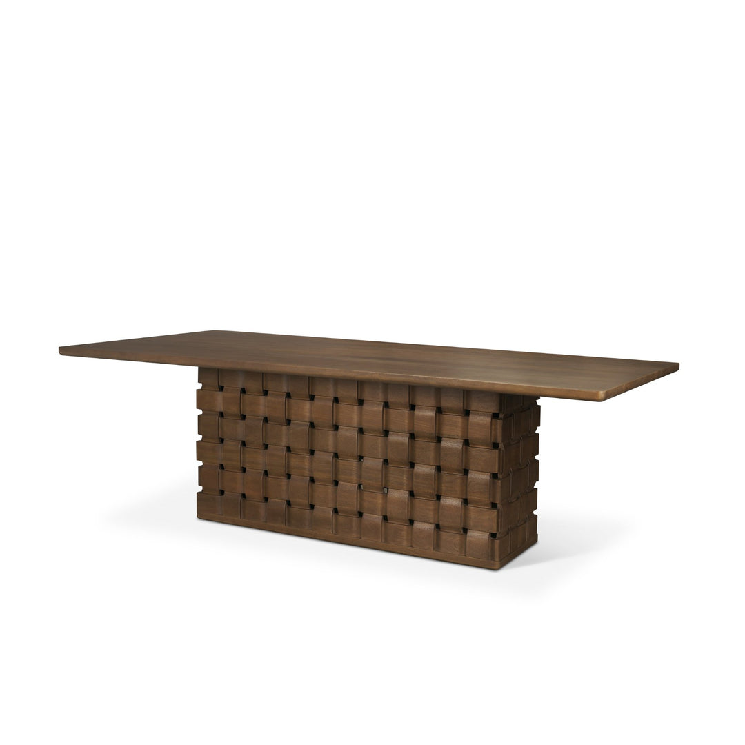 Trellyn 94" Dark Brown Solid Wood Carved Woven Base Rectangular Dining Table Dining Room Mercana