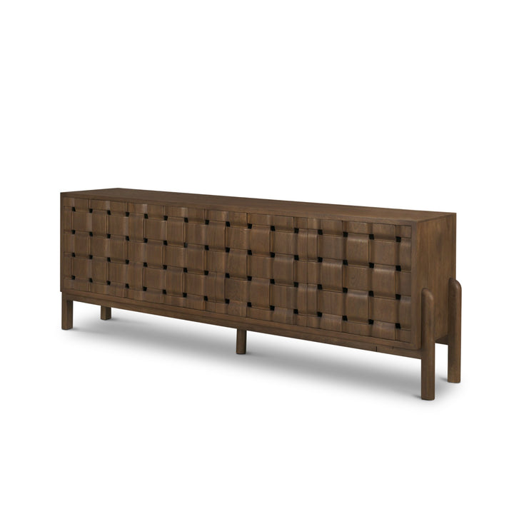 Trellyn Dark Brown Solid Wood 4-Door w/ Carved Woven Doors Closed Sideboard Dining Room Mercana