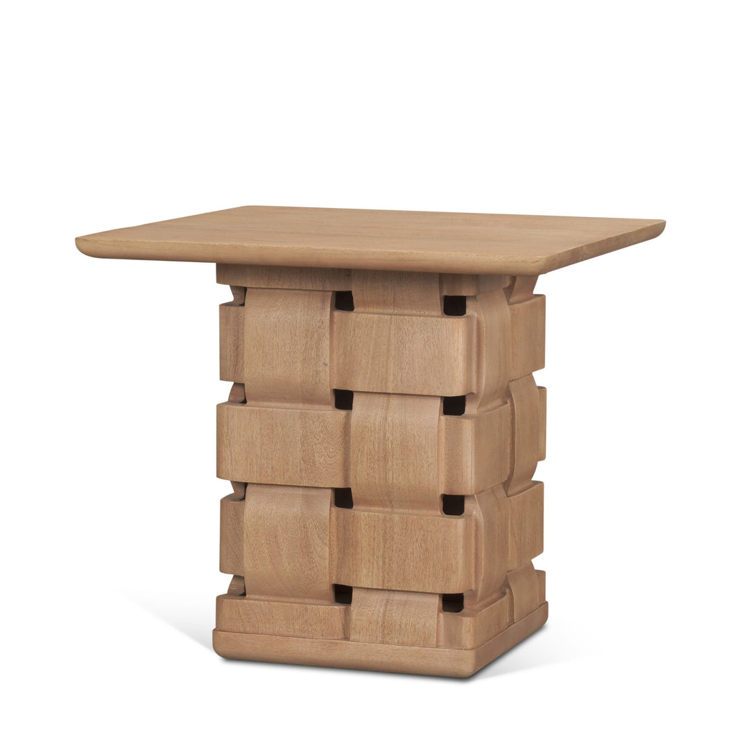 Trellyn Light Brown Wood w/ Carved Woven Base Square Accent Table Dining Room Mercana