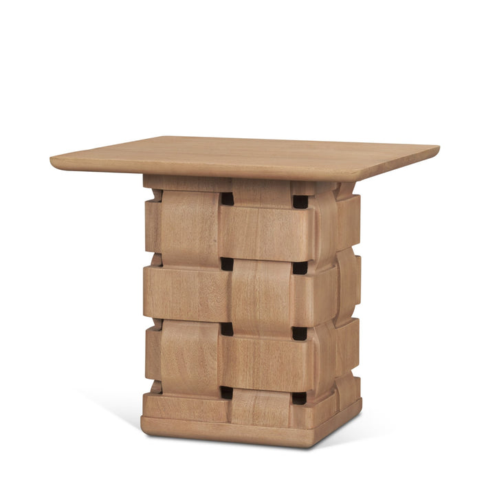 Trellyn Light Brown Wood w/ Carved Woven Base Square Accent Table Dining Room Mercana