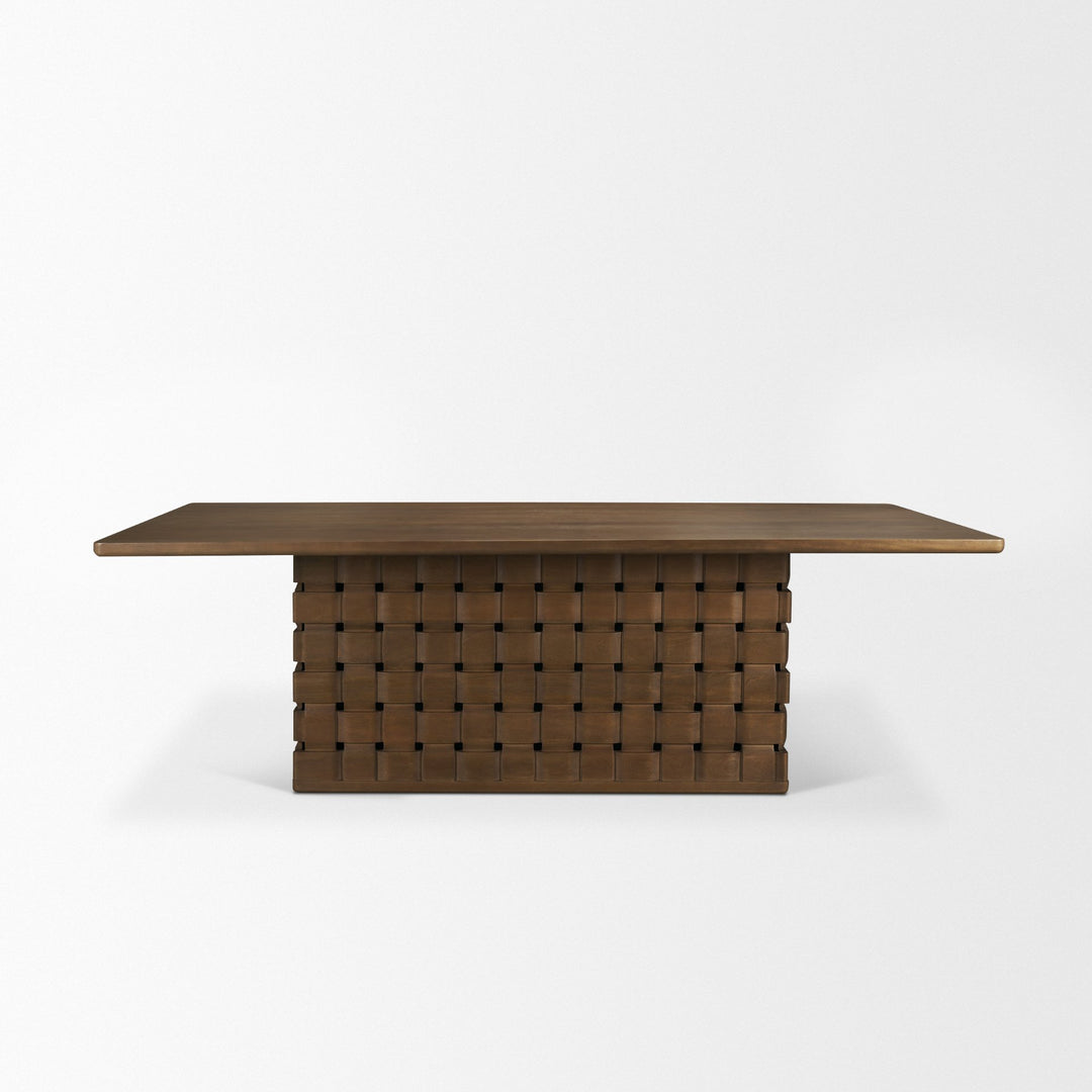 Trellyn 94" Dark Brown Solid Wood Carved Woven Base Rectangular Dining Table Dining Room Mercana