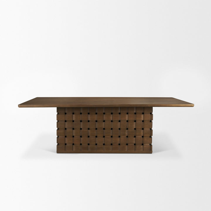 Trellyn 94" Dark Brown Solid Wood Carved Woven Base Rectangular Dining Table Dining Room Mercana
