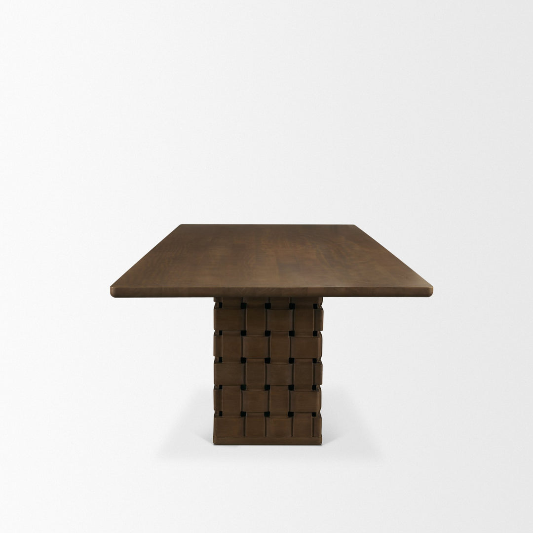 Trellyn 94" Dark Brown Solid Wood Carved Woven Base Rectangular Dining Table Dining Room Mercana