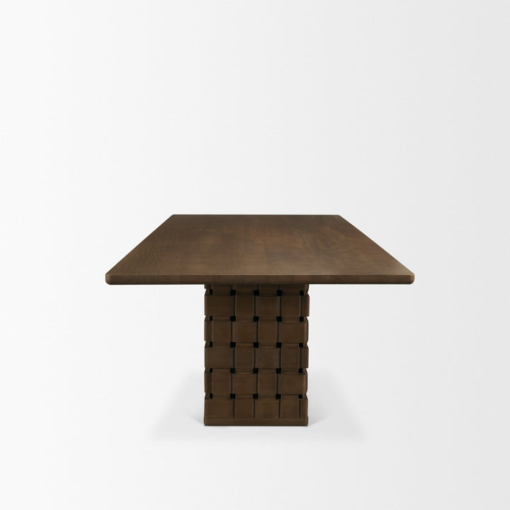 Trellyn 94" Dark Brown Solid Wood Carved Woven Base Rectangular Dining Table Dining Room Mercana