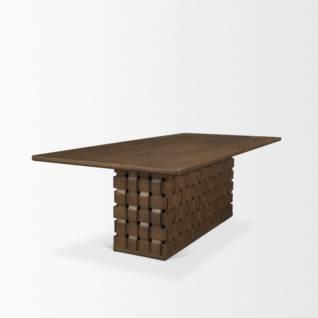 Trellyn 94" Dark Brown Solid Wood Carved Woven Base Rectangular Dining Table Dining Room Mercana