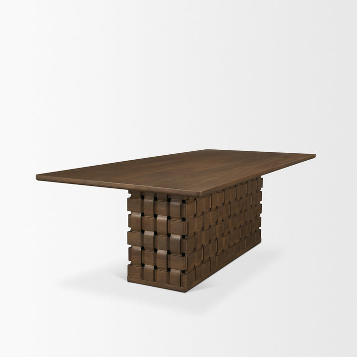 Trellyn 94" Dark Brown Solid Wood Carved Woven Base Rectangular Dining Table Dining Room Mercana