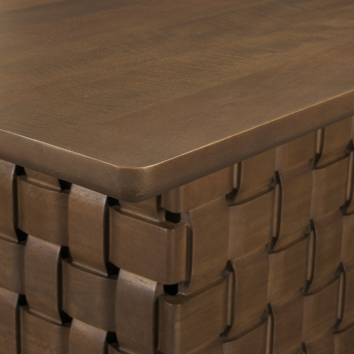 Trellyn 94" Dark Brown Solid Wood Carved Woven Base Rectangular Dining Table Dining Room Mercana