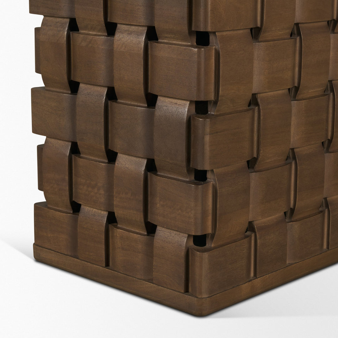 Trellyn 94" Dark Brown Solid Wood Carved Woven Base Rectangular Dining Table Dining Room Mercana